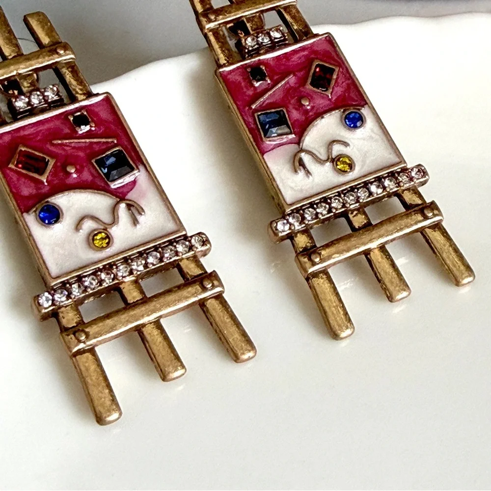 Artist’s Easel Painting Enamel Earrings Stone Vintage Style Antiqued Gold NEW